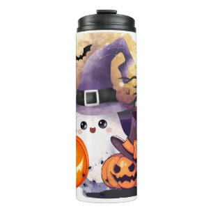 Lieve Halloween Geest met Heksenhoed en Pompoenen Thermosbeker