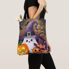 Lieve Halloween Geest met Heksenhoed en Pompoenen Tote Bag