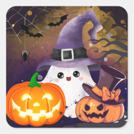 Lieve Halloween Geest met Heksenhoed en Pompoenen Vierkante Sticker