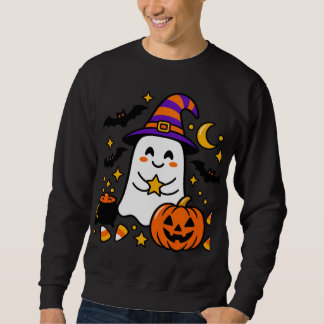 Lieve Halloween-geest met heksenhoed, pompoen Trui