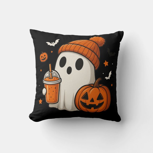 Lieve Halloween Geest met Pompoen en Drank Kussen (Voorkant)