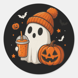 Lieve Halloween Geest met Pompoen en Drank Ronde Sticker