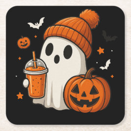 Lieve Halloween-geest met pompoen en drankje  Kartonnen Onderzetters