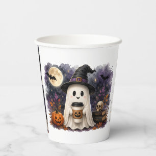 Lieve Halloween-geest met waterkleurkoffiekopje Papieren Bekers