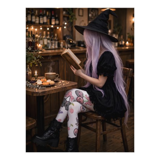 Lieve Halloween Heks Lezend Poster Gezellige Kunst (Voorkant)