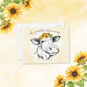 Lieve handgetekende koe zonnebloem verhuisbericht briefkaart