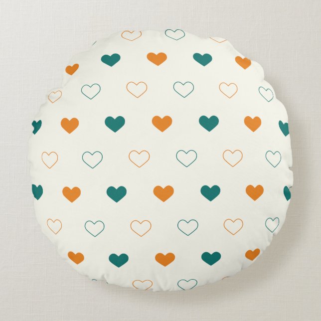 Lieve harten / groene oranje crème rond kussen (Voorkant)