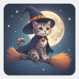 Lieve Heks Kat En Sterren Halloween Maan Scene 🎃 Vierkante Sticker