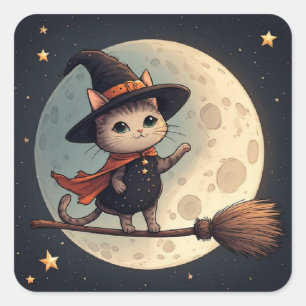 Lieve Heks Kat Maanverlichte Halloween Lucht Thema Vierkante Sticker