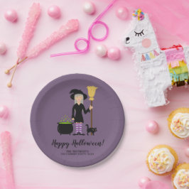 Lieve Heks Met Een Kat Aangepaste Halloween Evenem Papieren Bordje