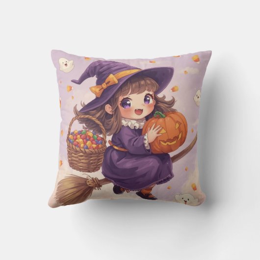 Lieve Heks met Pompoen Halloween Kussen (Achterkant)