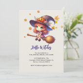 Lieve heks vliegend met bezem, Halloween Kaart (Staand voorkant)