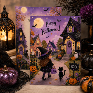Lieve Heks & Zwarte Kat Halloween Feest Kaart