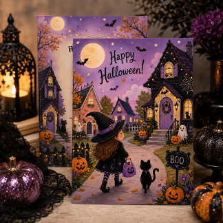 Lieve Heks & Zwarte Kat Halloween Feest | Kaart