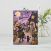 Lieve Heks & Zwarte Kat Halloween Feest | Kaart (Staand voorkant)