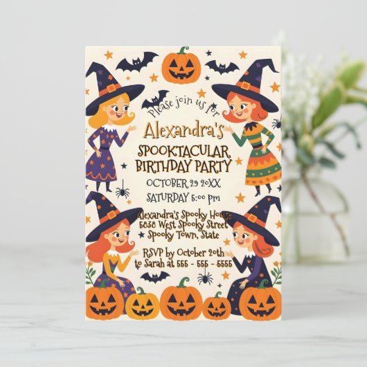 Lieve Heksen & Pompoenveld Halloween Verjaardag Kaart (Staand voorkant)