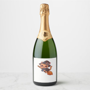 Lieve Heksenkat en Vleermuis op Bezem � Kawaii Hal Sparkling Wijnetiket