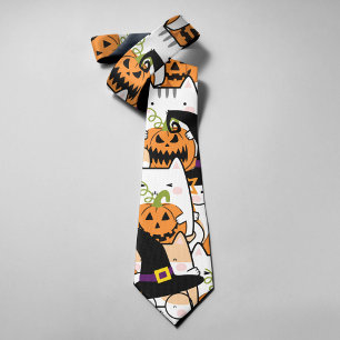 Lieve Heksenkat met Pompoen Halloween Stropdas