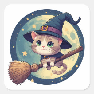 Lieve Heksenkat Ridt op Bezem in Maneschijn Thema Vierkante Sticker