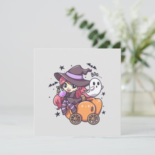 Lieve Heksenkind Zit Op Een Pompoen Auto (Staand voorkant)