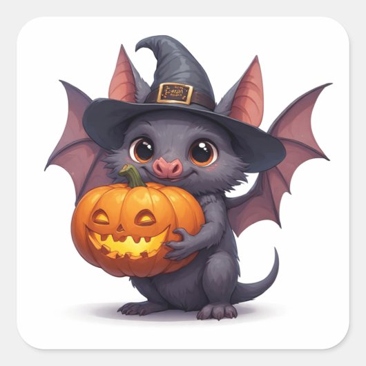 Lieve Heksenvleermuis met Jack O Lantern 🦇 Vierkante Sticker (Voorkant)