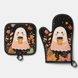 Lieve herfstspook met pompoenkoffie – knus herfstg ovenwant & pannenlap set