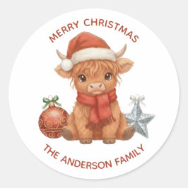 Lieve Highland Koe Kerstmis Aangepaste Familienaam Ronde Sticker