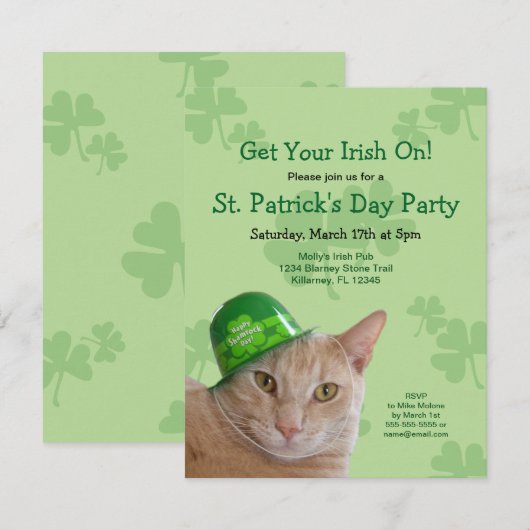 Lieve Ierse kat St. Patrick's Day-feestuitnodiging Kaart (Voorkant / Achterkant)