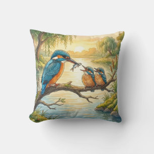 Lieve IJsvogel En Kuikens Rivier- en Meer Dieren Kussen
