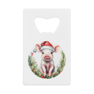 Lieve illustratie van een kerstbiggetje met creditkaart flessenopener