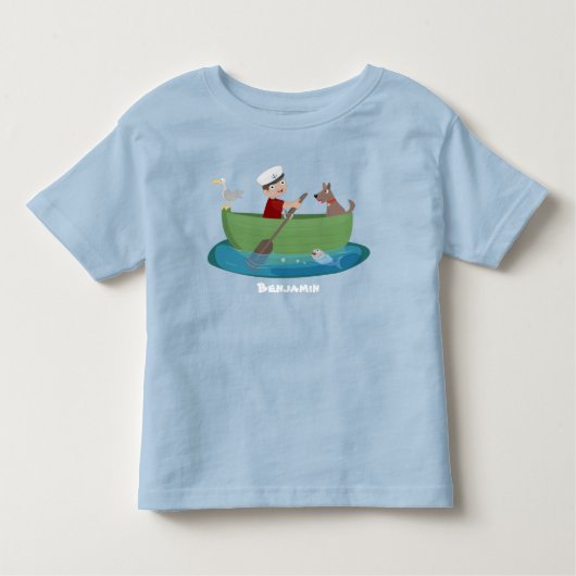 Lieve jongen zeiler en hond in roeiboot cartoon kinder shirts (Voorkant)