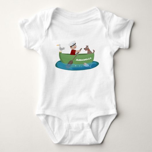 Lieve jongen zeiler en hond roeiend boot cartoon romper (Voorkant)