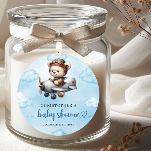 Lieve Jongens Baby Shower Sticker Teddybeer Piloot