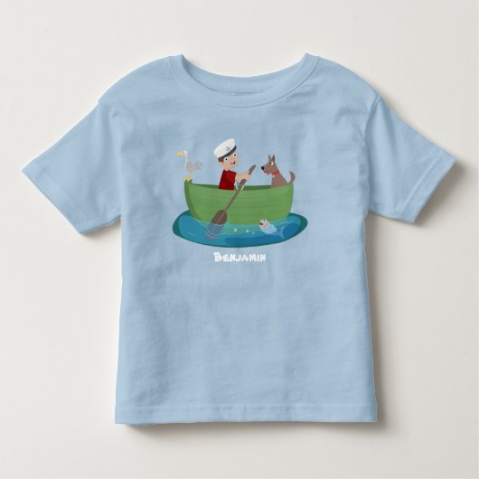 Lieve jongenszeiler en hond die in een boot roeien kinder shirts (Voorkant)