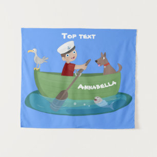Lieve jongenszeiler en hond die in een roeiboot va wandkleed