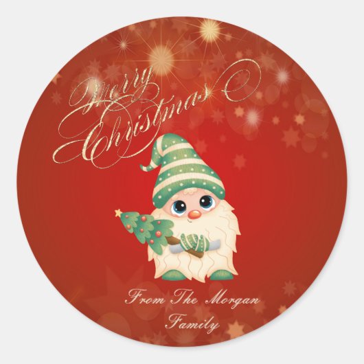 Lieve Kabouter Dennenboom Rode Kerst Ronde Sticker (Voorkant)
