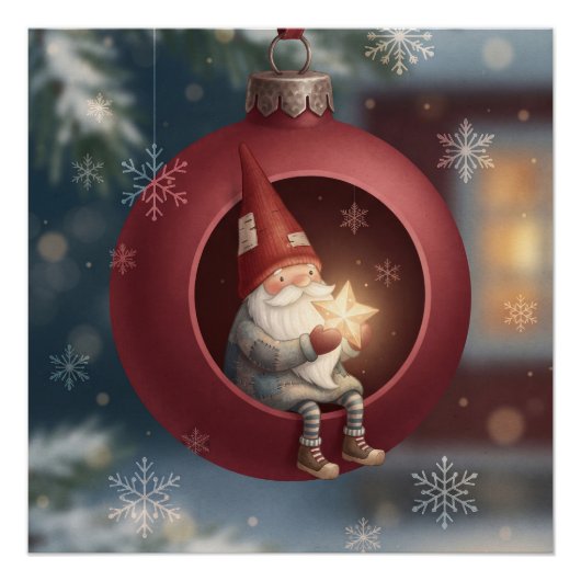 Lieve Kabouter in Rode Kerstbal Perfect Poster (Voorkant)