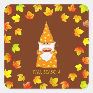 Lieve Kabouter & Kleurrijke Herfstbladeren op Brui Vierkante Sticker