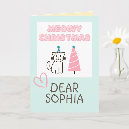 Lieve kat in een hoed en boom Happy Christmas past Kaart (Kleine Plant)