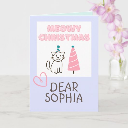 Lieve kat in een hoed en boom Happy Christmas past Kaart (Orchidee)