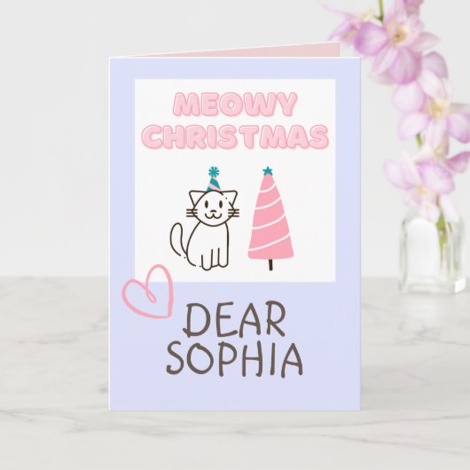 Lieve kat in een hoed en boom Happy Kerstmis paste Kaart (Orchidee)