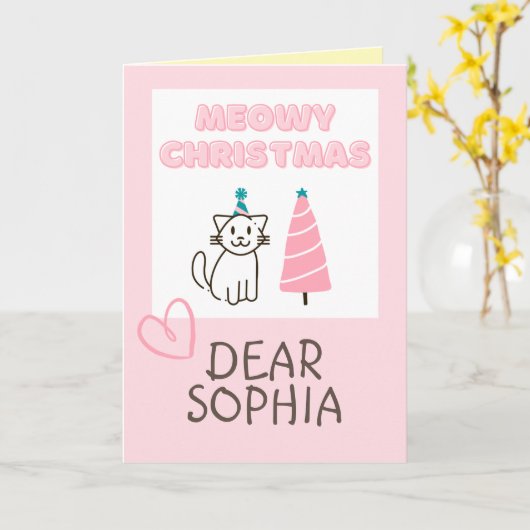 Lieve kat in een hoed en boom Merry Kerstmis paste Kaart (Gele Bloem)