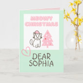 Lieve kat met hoed en boom Merry Kerstmis pastel Kaart (Gele Bloem)