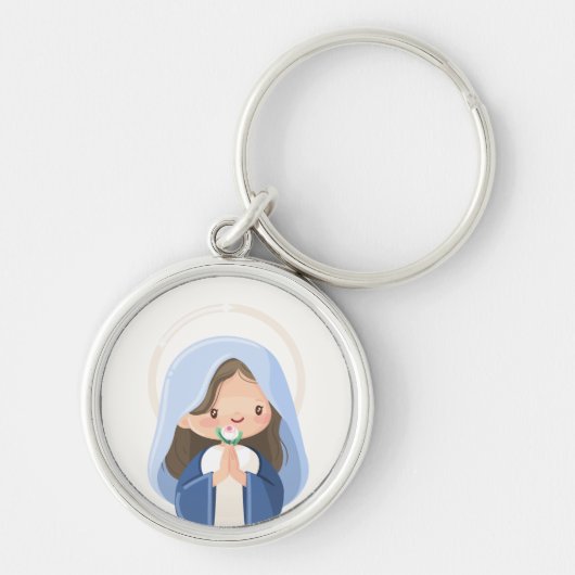 Lieve Kawaii Maagd Maria met Bloem – Wit Sleutelhanger (Voorkant)