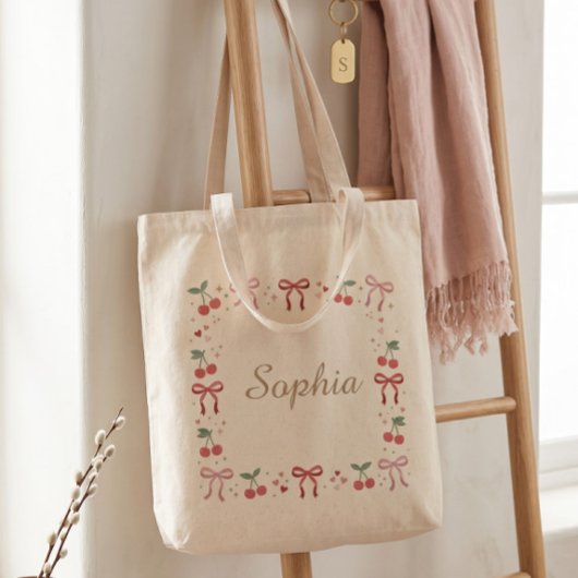 Lieve Kers en Lint Coquette Aangepaste Naam Tote Bag