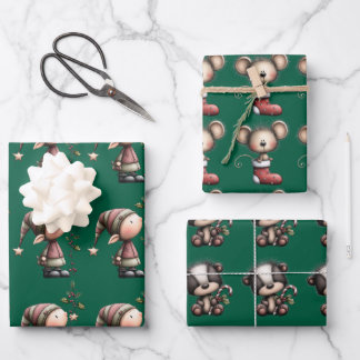 Lieve Kerst Cartoon, Dieren, Elf, Winter Inpakpapier Vel