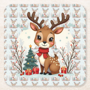 Lieve Kerst Reindeer Scène Besneeuwd Bos Kartonnen Onderzetters