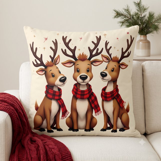 Lieve Kerst Reindeer Trio met Geruite Sjaals Kussen (Cute Christmas Reindeer Trio with Plaid Scarves Throw Pillow)