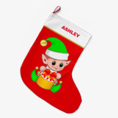 Lieve Kerstelf & Cadeau Doos op Rood Grote Kerstsok (Voorkant (Hangend))