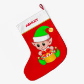 Lieve Kerstelf & Cadeau Doos op Rood Grote Kerstsok (Achterkant (Hangend))